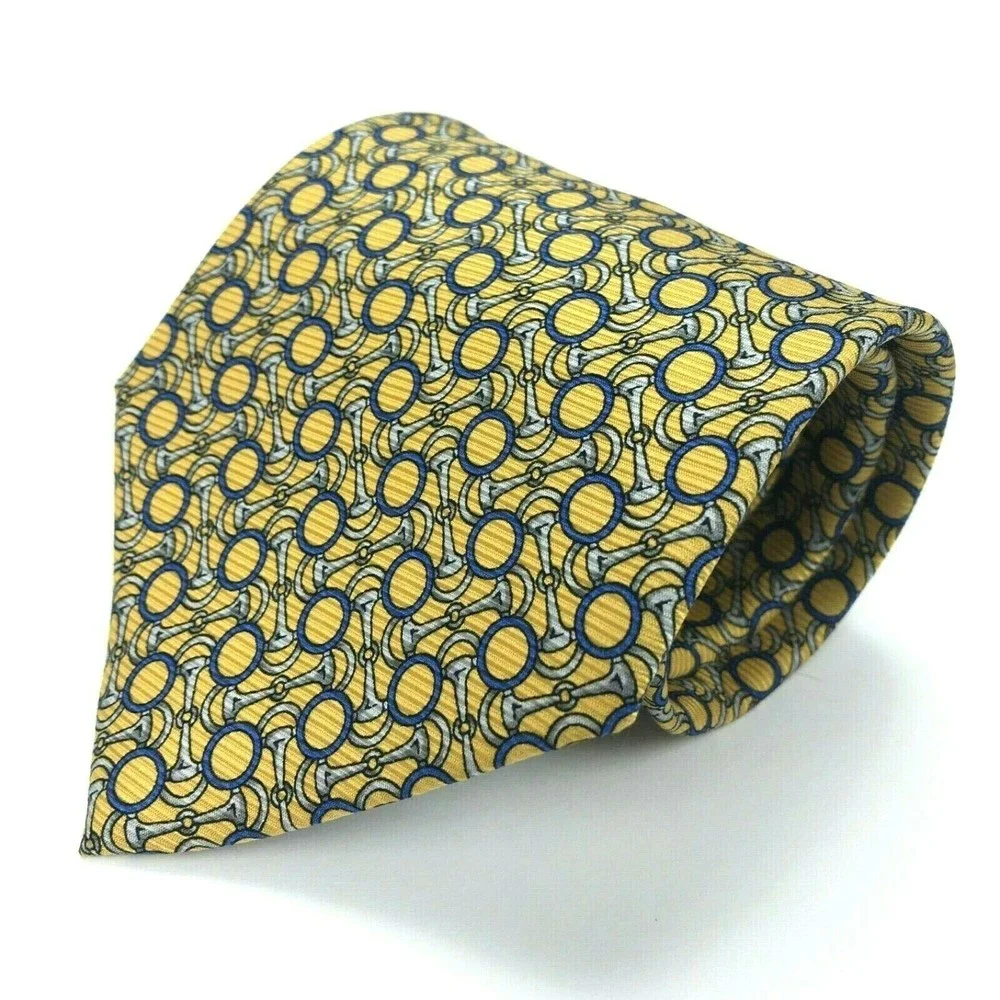 Brooks Basics Pure Silk Yellow Tie Silver Bridle Bits Blue Circles Men's Necktie